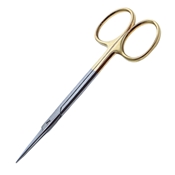 Iris Scissor Straight TC Square Edge Shanks Overall Length 4 1/2" (115mm) Sharp Pointed Tips Larger Ring Handles Which Are Gold Plated To IndicateTungsten Carbide Inserts 